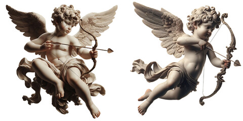 vintage romantic illustration of a cherub or cupid with bow and arrow isolated on a transparent background, generative ai	