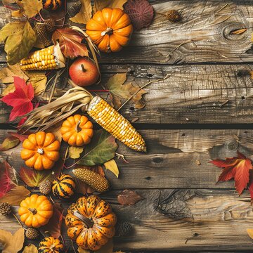 Abundant fall harvest spread out on a rustic wooden table, featuring pumpkins, corn, and vibrant autumn leaves, ideal for a seasonal display
