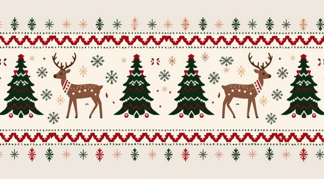 A seamless festive pattern mimicking a holiday sweater with reindeer and trees