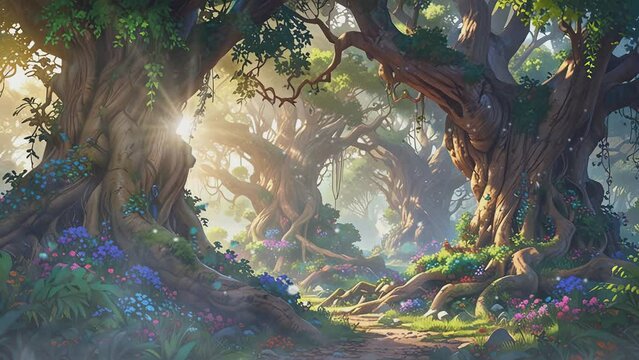 Anime video of a path through a dense forest. The trees are tall and have large branches. The sun is shining through the trees. There are flowers on either side of the path.