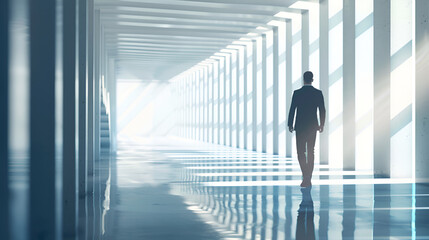 Fototapeta premium Young businessman walking near window in contemporary office in background