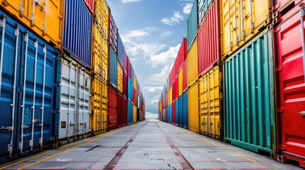 Fototapeta premium Containers stacked neatly at the port side view Organized storage advanced tone Tetradic color scheme