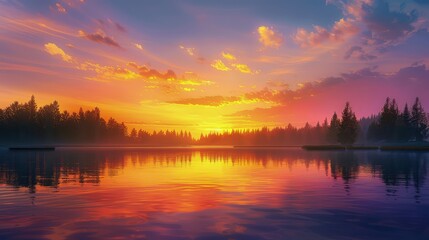 Obraz premium A sea view at sunset, with the sun slowly descending towards the horizon, casting long shadows and a golden light over the water.