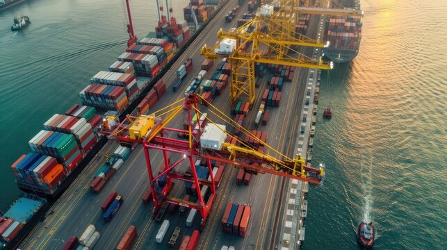 Freight handling, crane operation, busy harbor