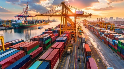 Obraz premium Panorama of a port, crane operator and towering crane dominating the scene, container being loaded onto a shipping ship in the distance