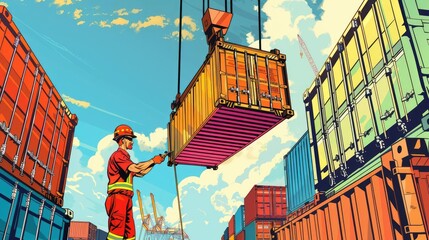 Pop art style crane driver in bold, vibrant colors, lifting containers at a lively, comic-like shipping port, High Saturation, Graphic, Dynamic Lines, Retro