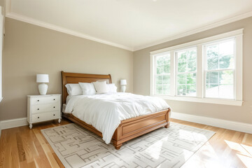 Fototapeta premium Cozy bedroom with a big bed and wide window in the sunny morning. AI generative