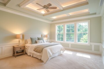 Cozy bedroom with a big bed and wide window in the sunny morning. AI generative