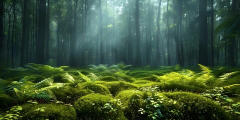 Enchanting Rainforest Mossy Trees, Fog, Ferns, and Wilderness Ambiance. Concept Enchanting Rainforest, Mossy Trees, Foggy Atmosphere, Ferns, Wilderness Ambiance