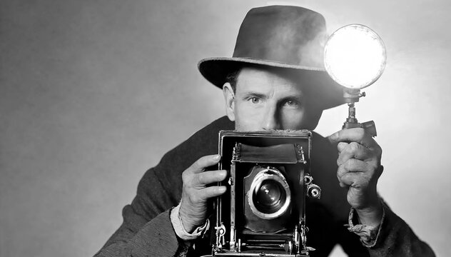 1940's 1930's style portrait of photojournalist. Headshot : Man looking and holding a vintage camera with magnesium flash. Black, White shot of a retro 1940's photographer wearing a Fedora hat