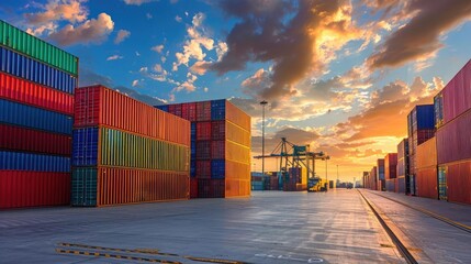 Shipping yard, cargo containers, sunset