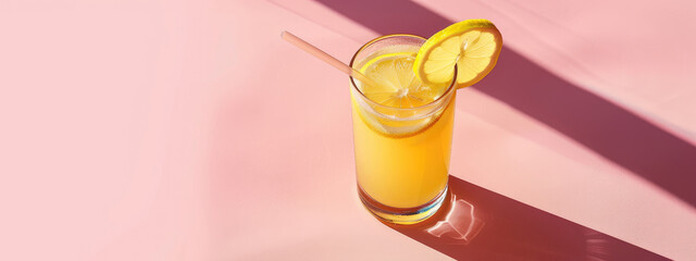 A glass of pastel yellow lemonade with a straw on a light pastel pink background, with a subtle shadow to add depth. Summer concept banner with copy space