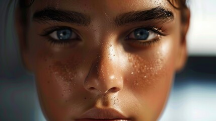 Fototapeta premium Close-up of a young woman with striking blue eyes and freckles