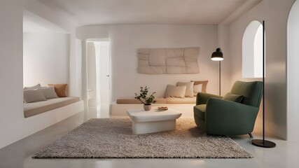 Minimalist Living Room with Green Armchair and Modern Decor 