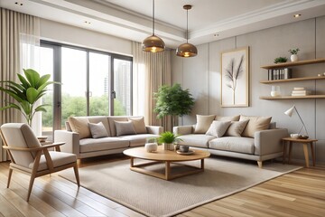 Fototapeta premium A minimalist living room with clean lines, neutral tones, and curated decor, creating a serene and inviting space for relaxation