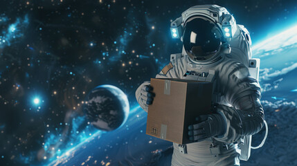 Astronaut is holding a package in space with earth in the background