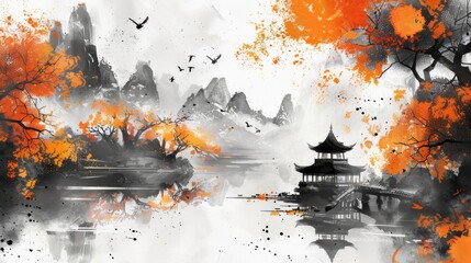 Chinese ink painting style, an autumn scenery with orange and yellow leaves on mountains and rivers