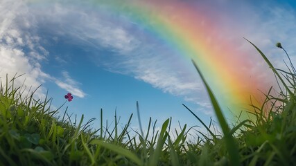 Naklejka premium Zoom out wide angle, lovely pastel rainbow on the clear blue sky, close-up of four-leaf clover, windy day, dewdrops glistening, super fresh morning, open field, Wide angle, pastel rainbow enhancing