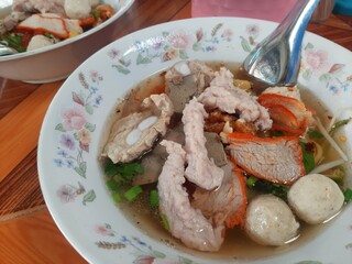 Thai Pork Noodle Soup in Floral Bowl