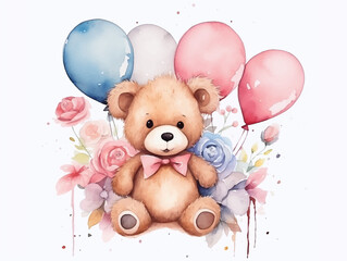 Cute couple watercolor teddy bears with balloon and flowers decoration vector illustrations for birthday party, kids book, sticker, fabric t-shirt, wall art, cover book