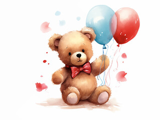Cute couple watercolor teddy bears with balloon and flowers decoration vector illustrations for birthday party, kids book, sticker, fabric t-shirt, wall art, cover book