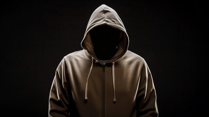 Mysterious man wearing a hoodie standing against a dark background. Hacker, crime, and cyber security concepts.