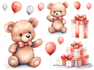 Cute couple watercolor teddy bears with balloon and flowers decoration vector illustrations for birthday party, kids book, sticker, fabric t-shirt, wall art, cover book