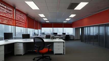 room with chairs, Office virus without workers by the crown quarantine,  Modern office space with an open floor plan. The office space is filled with white desks and black office chairs.  
