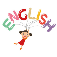 ローマ字の単語の風船を持って飛んでいる子供