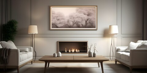 Cozy living room with fireplace and blank picture frame 4k virtual animation. Concept Living Room Decor, Fireplace Ambiance, Blank Picture Frame, Cozy Interior Design, 4k Virtual Animation