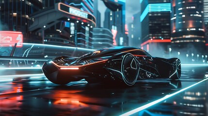 An image of a futuristic autonomous vehicle using blockchain technology for secure decentralized communication.