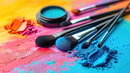 Colorful Makeup Brushes on Vibrant Abstract Paint Background - Creative Beauty Concept