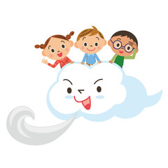 大きな雲が風を吹いている雲に乗っている子供