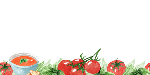 Frame, border from tomatoes cherry and green basil, herbs. Hand drawn watercolor illustration on white background. Template for design menu, textiles, printing, packaging.