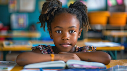 Childhood leadership : A young girl with braided hair sits at her desk in a classroom, looking at the camera, with an open book in front of her.