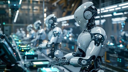 Fototapeta premium Cyborgs Collaborating in Futuristic Factory to Assemble Advanced Machinery