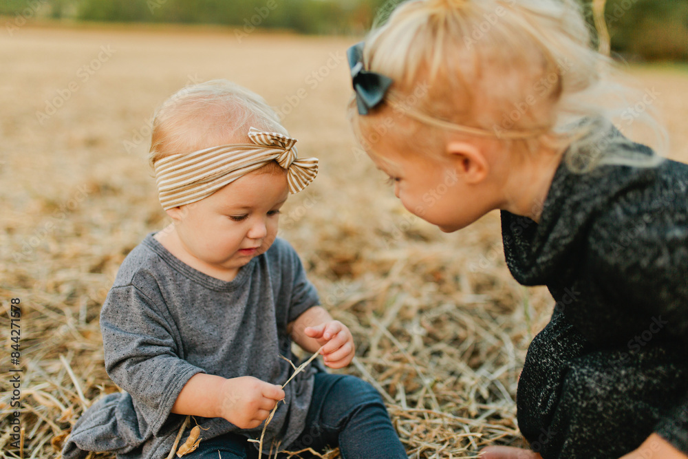 Wall mural Young sisters sit in field with bows on head