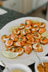 Salmon bruschetta appetizer with fresh dill and lemons