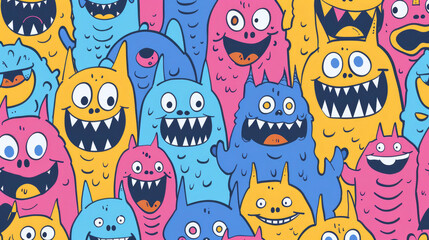 Smiling Cute Monster Doodles Vibrant and Cheerful Pattern with Happy Face