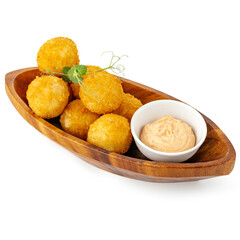 fried cheese balls with sauce on a plate. isolated white backgro