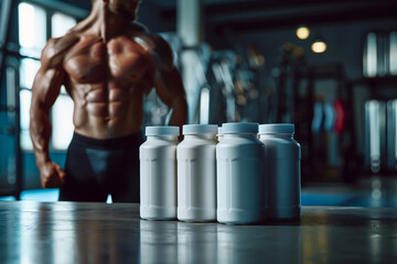 Obraz premium A muscular athlete stands in gym with row of supplement bottles on table in front of him. The athlete is shirtless, showcasing his toned physique, while the bottles feature simple designs