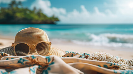 A straw hat with sunglasses on a beach. The hat is on a blanket