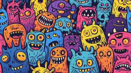 Smiling Cute Monster Doodles Vibrant and Cheerful Pattern with Happy Face