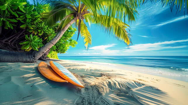 Two surfboards on the sand at an empty beach.