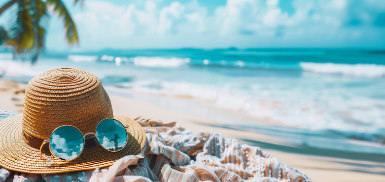 A straw hat with sunglasses rests on a beach blanket in the beac