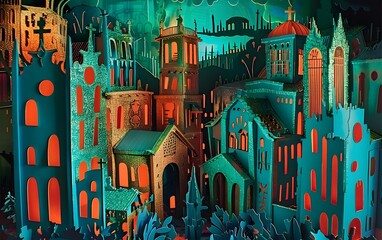 Fototapeta premium This paper sculpture diorama depicts an ancient Europe village, church in color is radiant neon, metallic emerald, platinum, copper