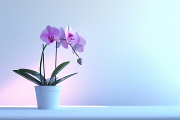 Naklejka premium A single potted orchid plant placed on a clean, white studio backdrop