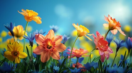 Brightly colored flowers bloom against a dreamy blue sky backdrop, captivating the essence of springtime beauty. 