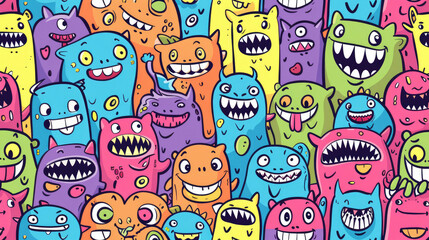 Obraz premium Smiling Cute Monster Doodles Vibrant and Cheerful Pattern with Happy Face