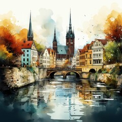 Fototapeta premium a painting of a Wroclaw city with a bridge and a river